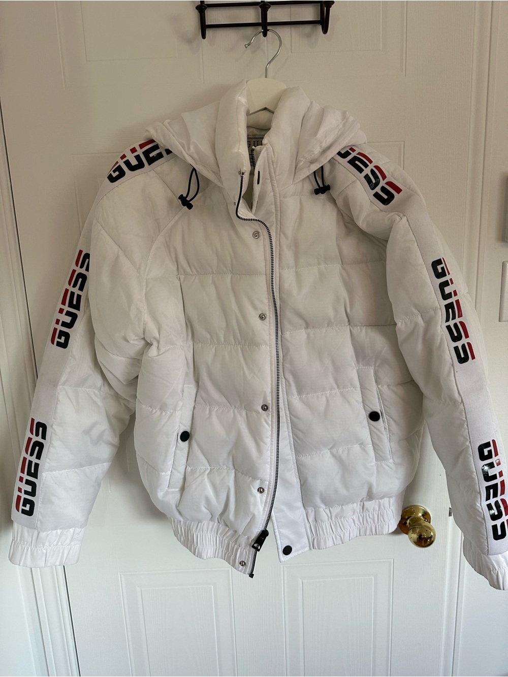 GUESS men’s  White Puffer Jacket with Logo Tape